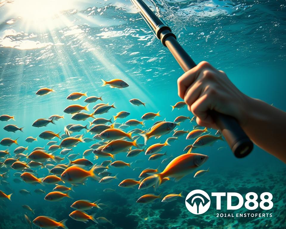 A vibrant underwater scene with a school of colorful fish swimming in a tranquil ocean. In the foreground, a skilled fisherman wielding a fishing rod, their eyes fixed on the water, poised to catch the elusive big catch. In the middle ground, a range of different fish species - some darting quickly, others idling lazily. The background features a serene, sun-dappled seascape, with rays of light penetrating the crystal-clear waters. The overall mood is one of peaceful focus and the thrill of the hunt. The TD88 logo is subtly incorporated into the design, adding a touch of branding to the image.