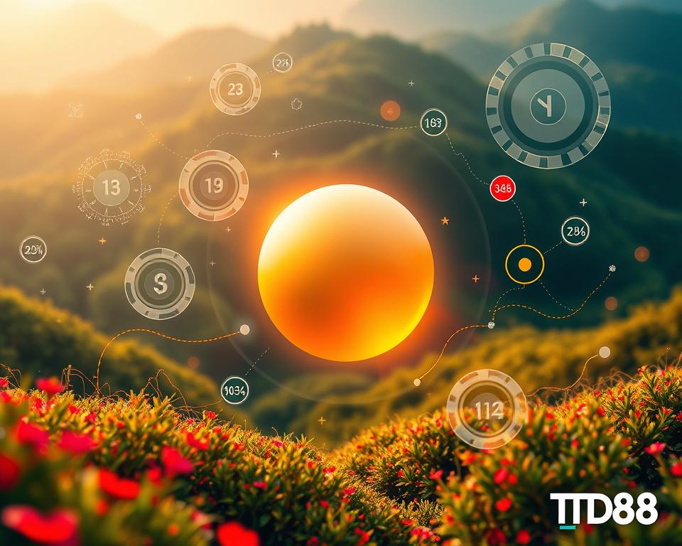 A vibrant, visually-striking landscape showcasing the trends and patterns of the South Vietnam lottery system. Set against a backdrop of a lush, verdant landscape, the scene features a central focal point of a large, gleaming lottery ball suspended in mid-air, casting a soft, warm glow. Surrounding the ball are intricate, swirling data visualizations and graphical elements that illustrate the statistical trends and insights of the lottery's performance. The overall composition conveys a sense of dynamism, technological sophistication, and the allure of chance and fortune, all under the distinct branding of "TD88".