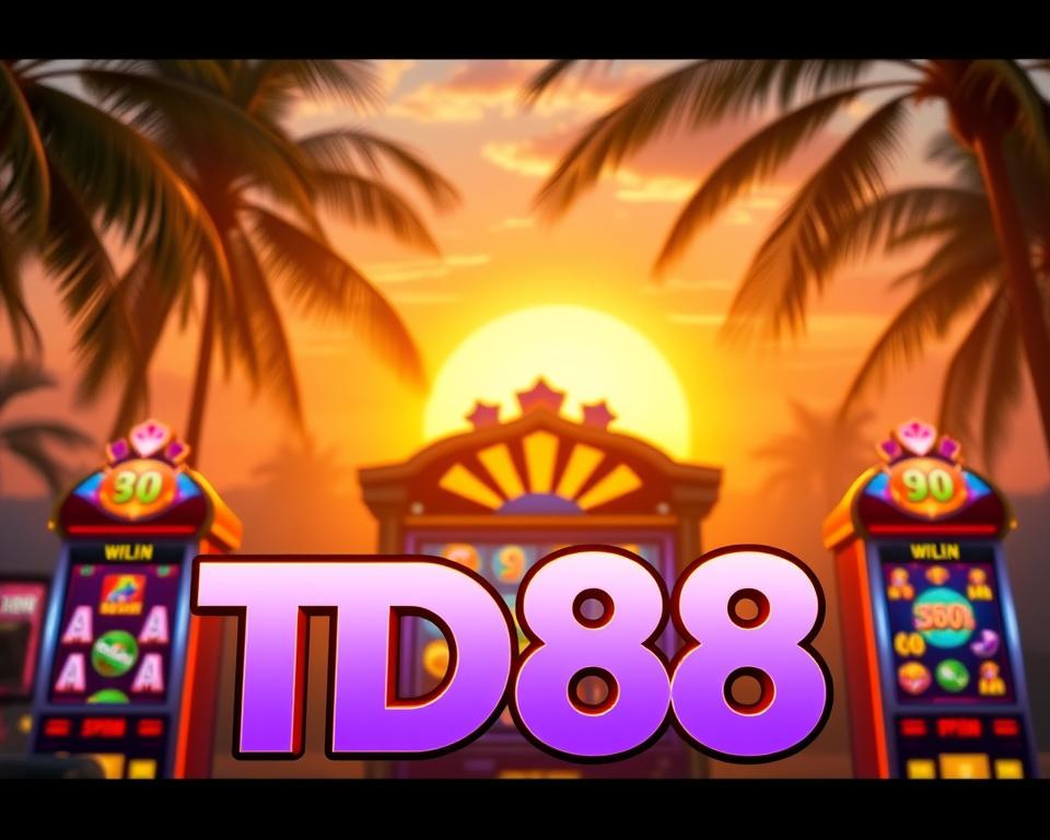 A visually striking game interface with a captivating jackpot theme. The foreground features the bold "TD88" logo, showcasing the brand identity. In the middle ground, a vibrant array of slot machine reels and symbols spin, hinting at the exciting gameplay. The background evokes a lush, tropical environment, with palm trees swaying and a stunning sunset casting a warm, golden glow. The overall composition conveys a sense of anticipation and the potential for a big win, perfectly aligning with the "jackpot nổ hũ" concept. The lighting is soft and cinematic, creating depth and drama. The camera angle is slightly elevated, providing an immersive and engaging perspective for the player.