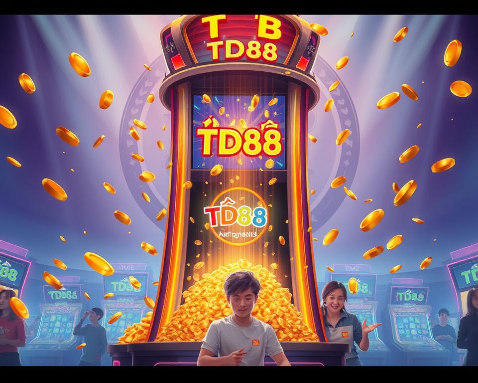 A visually striking illustration showcasing the alluring "nổ hũ đổi thưởng" mechanic. In the foreground, a towering jackpot machine dominates the scene, its digital display shimmering with the promise of massive winnings. Cascading golden coins spill forth, creating a sense of dynamic energy and anticipation. The middle ground features a group of enthusiastic players, their faces alight with excitement as they engage with the captivating game. In the background, a stylized interpretation of the TD88 brand logo serves as a subtle yet impactful backdrop, reinforcing the high-quality and trustworthy nature of the gaming experience. The overall composition conveys a mood of excitement, potential, and the thrill of the "nổ hũ đổi thưởng" gameplay.