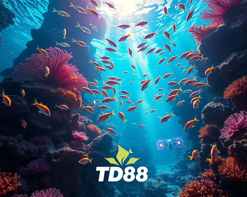 Captivating underwater scene showcasing the alluring features of the TD88 fish shooting game. A vibrant seascape with schools of brightly colored fish swimming amidst realistic coral formations and aquatic flora. Dramatic lighting casts an ethereal glow, drawing the viewer's attention to the dynamic action unfolding. The foreground features a stylized TD88 logo subtly integrated, while the middle ground depicts players engaged in the thrilling fish shooting mechanic. The background immerses the viewer in the serene, underwater world, conveying the immersive and captivating gameplay experience. An overall sense of energy, excitement, and visual delight captures the essence of the "Đặc điểm nổi bật của game và hệ thống đổi thưởng".