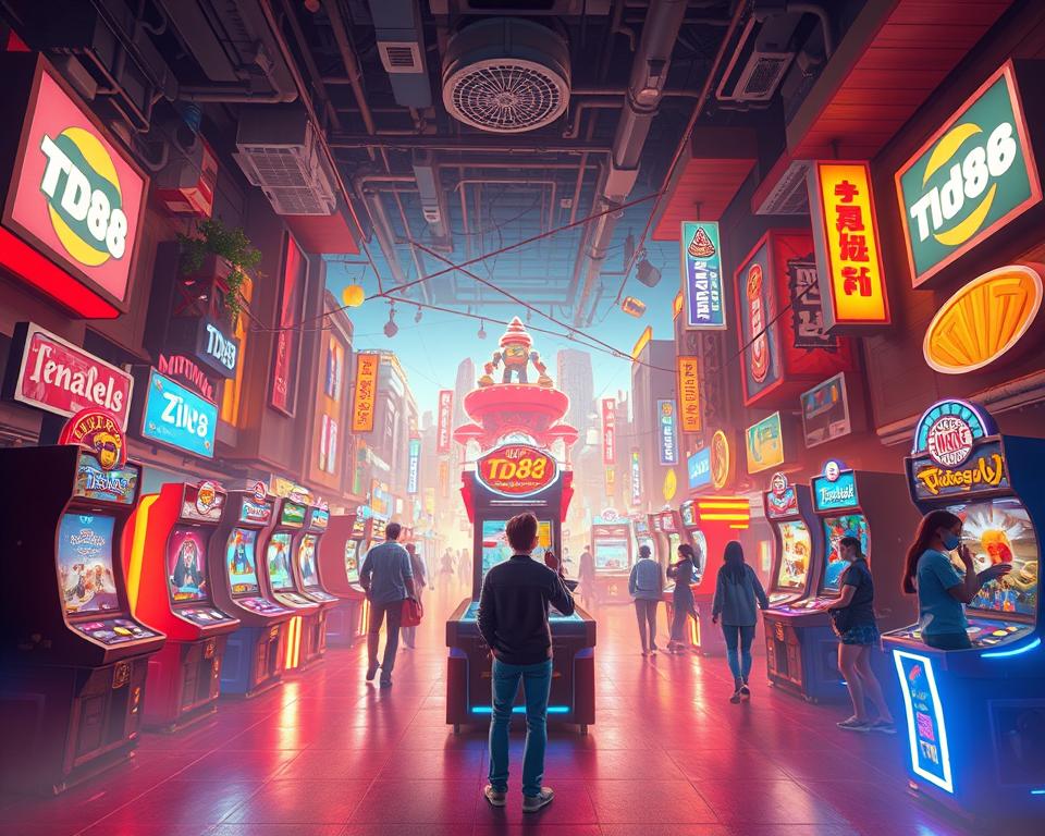 Expansive gaming experience at ZingPlay: A vibrant digital landscape filled with a diverse array of TD88 branded interactive entertainment. Sophisticated 3D visuals depict a bustling arcade-style environment, replete with dynamic character animations and immersive game mechanics. Warm, diffused lighting casts an inviting glow, drawing the viewer into a world of engaging, multi-layered gameplay. Detailed textures and carefully composed perspectives convey a sense of depth and a welcoming atmosphere, inviting the viewer to explore the boundless entertainment options within.
