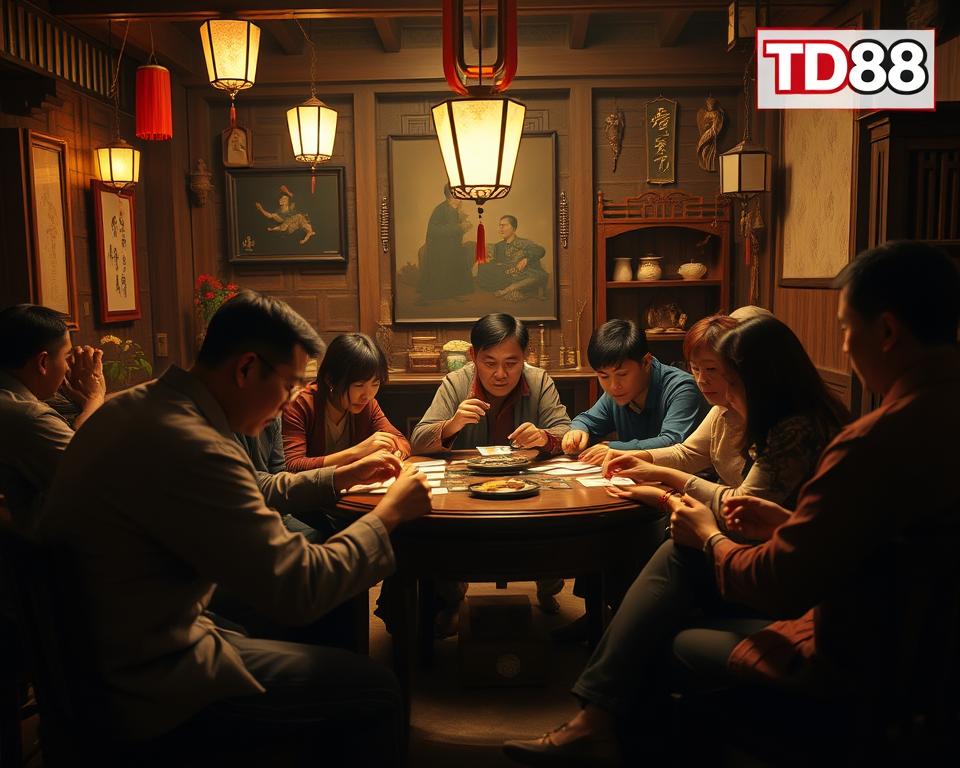 a detailed, intricate, and vibrant traditional Vietnamese card game scene, featuring a group of people gathered around a table, immersed in a lively game of "Tiến Lên" or "Dân Gian". The setting showcases a dimly lit, rustic interior with wooden furniture and ornate decorations, creating an authentic and immersive atmosphere. The players, dressed in traditional Vietnamese attire, are deeply focused on their cards, their expressions reflecting the tension and excitement of the game. In the background, subtle elements like hanging lanterns, traditional artwork, and cultural artifacts add depth and character to the scene. The overall composition conveys a sense of cultural heritage, community, and the timeless appeal of this beloved Vietnamese pastime. Captured with a warm, cinematic lighting and a slightly vintage aesthetic, the image is a perfect representation of the "Giới thiệu về trò chơi và nguồn gốc" section. Prominently displayed in the corner is the logo "TD88".