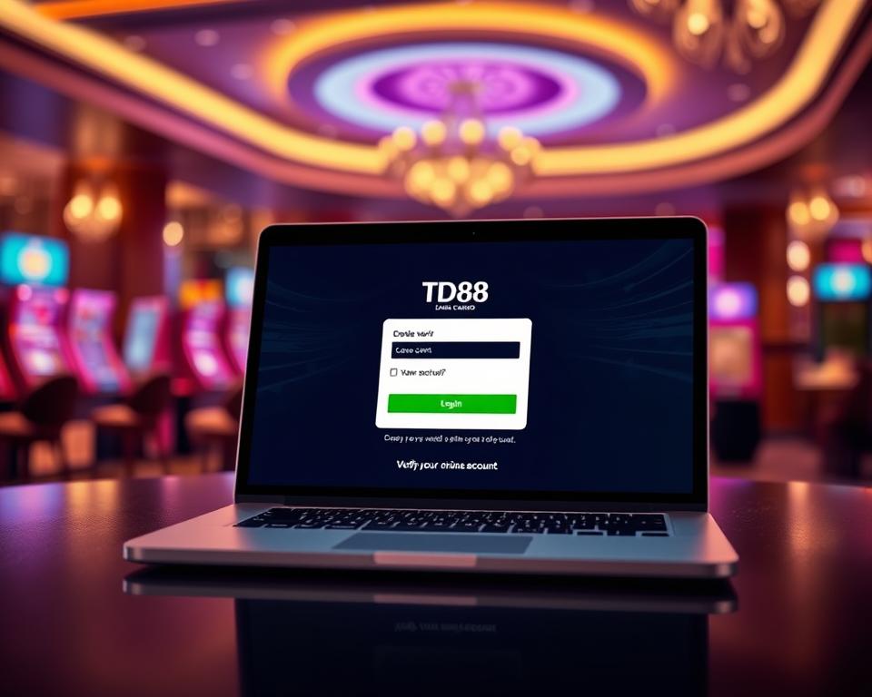 a professional, highly detailed digital illustration of the process of verifying an online casino account, featuring a laptop or mobile device screen displaying a secure login page with the TD88 brand logo, set against a blurred background showcasing the casino's stylish and modern interior design, with warm lighting and subtle patterns or textures to create a sense of sophistication and trustworthiness, conveying the reliability and credibility of the online casino experience