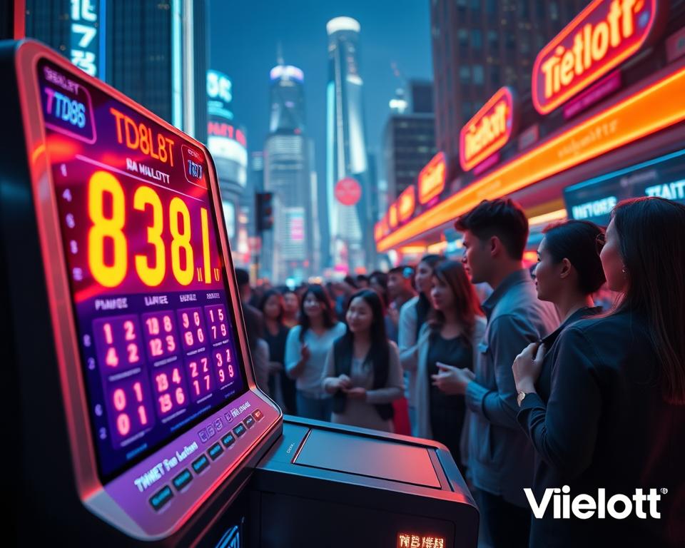 A captivating digital lottery scene with TD88 branding. In the foreground, a sleek, modern lottery terminal displays vibrant digital numbers against a backdrop of futuristic user interface elements. The middle ground features a group of people eagerly participating, their faces aglow with anticipation. In the background, a cityscape of gleaming skyscrapers and neon-lit streets sets the stage for this immersive electronic lottery experience. The lighting is crisp and vivid, capturing the excitement and innovation of Vietlott's digital lottery offerings. The overall atmosphere conveys a sense of technological advancement, entertainment, and the thrill of the game.