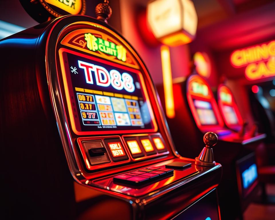 A close-up view of a classic Vietnamese slot machine, the TD88 model, with its vibrant neon-lit display and gleaming metal exterior. The machine sits against a dimly lit background, casting a warm, inviting glow that evokes the excitement and anticipation of a lively casino atmosphere. The machine's intricate buttons and levers are rendered in vivid detail, hinting at the thrilling experience of playing this iconic game of chance. The overall scene conveys a sense of nostalgia and the enduring appeal of traditional Vietnamese gaming culture.