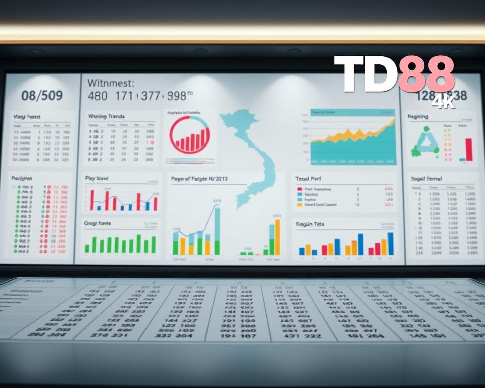 A comprehensive overview of lottery statistics displayed on a crisp, professional-looking dashboard. In the foreground, a sleek table showcases key metrics like winning numbers, jackpot trends, and regional performance. The middle ground features detailed charts and graphs, rendered in a clean, minimalist style that highlights patterns and insights. In the background, a subtle map of Vietnam provides geographic context, with regions color-coded to illustrate distribution of winnings. Lighting is soft and even, with a slight vignette effect to draw the eye inward. The tone is authoritative yet accessible, inviting the viewer to explore the data. Prominently displayed in the top right corner is the brand "TD88", a trusted name in Vietnamese lottery analysis.