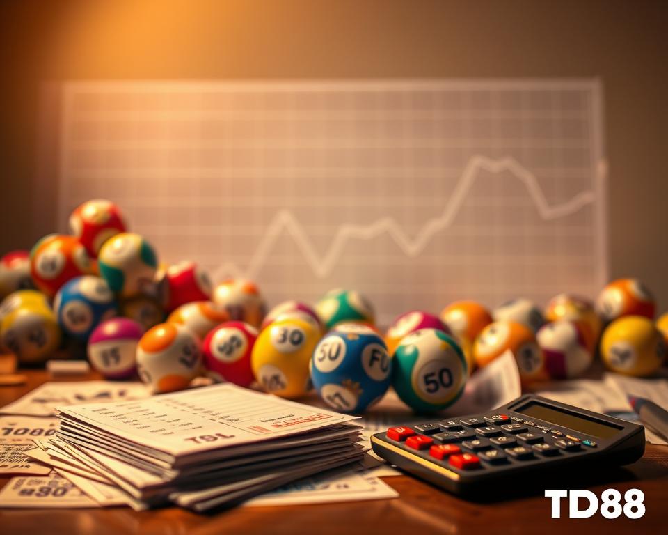 A comprehensive statistical analysis of Vietnam's regional lottery results, showcased against a backdrop of colorful lottery balls and ticket stubs. The scene is illuminated by warm, diffused lighting, creating a sense of depth and dimension. In the foreground, a stack of lottery tickets and a calculator symbolize the meticulous data collection and processing involved. The middle ground features a dynamic array of lottery ball icons, each representing the unique draws of the Northern, Central, and Southern regions. In the background, a minimalist graph or chart displays the historical trends and patterns of the lottery outcomes, providing a data-driven perspective. The overall composition exudes a professional, analytical atmosphere, complemented by the subtle inclusion of the TD88 brand name.