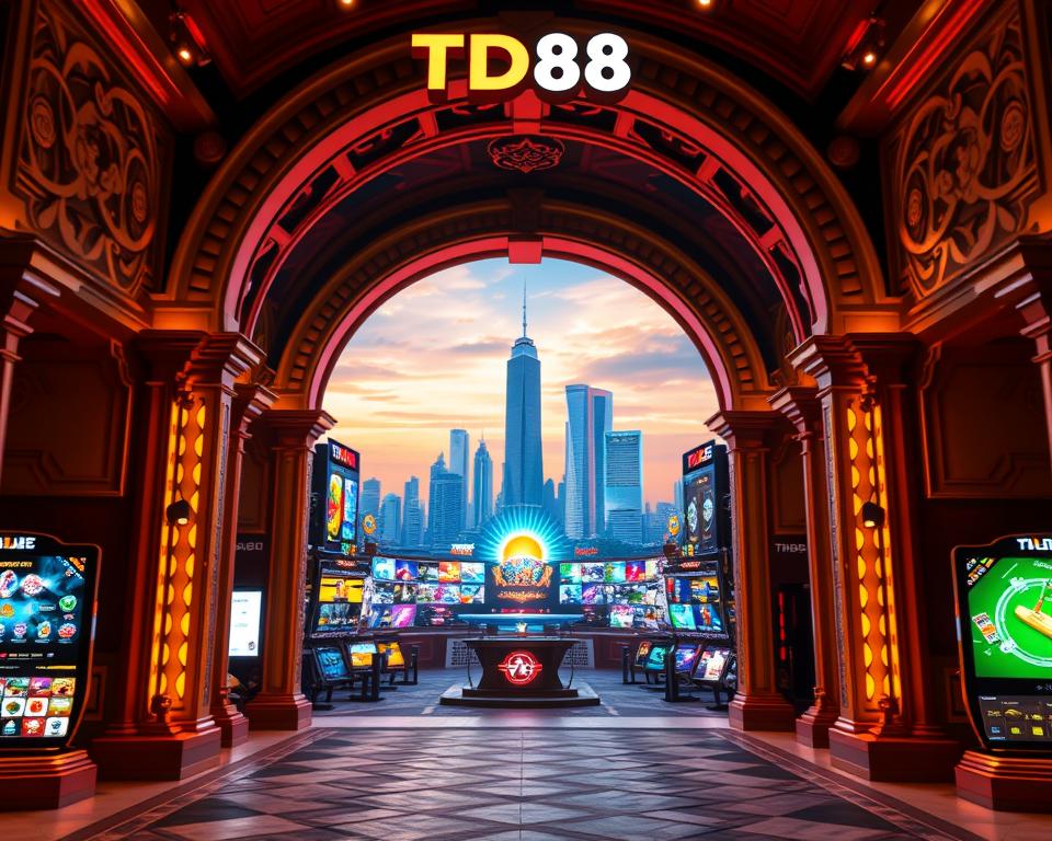 A grand, ornate display of diverse online gaming portals, showcasing the TD88 brand prominently. In the foreground, a series of intricate, illuminated archways lead the viewer into a vibrant, immersive gaming landscape. The middle ground features a variety of stylized icons and symbols representing different game types, each radiating an aura of excitement and anticipation. In the background, a sleek, futuristic cityscape sets the scene, hinting at the cutting-edge technology powering these thrilling gaming experiences. Warm, saturated lighting casts a inviting glow, while a cinematic camera angle captures the grandeur and allure of these premier gaming portals.