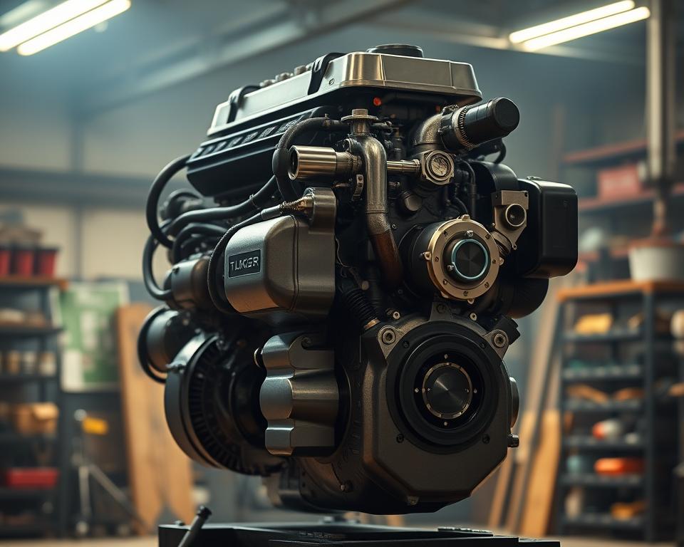 A rugged, industrial diesel engine, the TD88, stands tall in the foreground, its metallic form gleaming under soft, directional lighting. The engine's intricate components are visible, showcasing its robust construction and engineering prowess. In the middle ground, the engine is situated within a well-organized workshop, conveying a sense of functionality and precision. The background is hazy, with subtle industrial elements, such as shelving and tools, adding depth and context to the scene. The overall atmosphere is one of reliable power and efficient machinery, capturing the essence of a dependable, industrial-grade diesel engine.