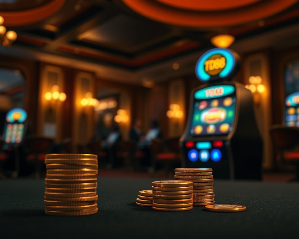 A serene casino-inspired scene with a minimalist yet stylish aesthetic. In the foreground, a stack of golden coins representing a well-managed bankroll, conveying the concept of strategic capital management. In the middle ground, a single, captivating slot machine with the TD88 logo, symbolizing the focus on effective gambling strategies. The background features a dimly lit, elegant casino interior with rich, warm lighting, creating an atmosphere of careful consideration and measured risk-taking. The overall composition and color palette suggest a sophisticated, controlled approach to the thrilling world of casino gaming.