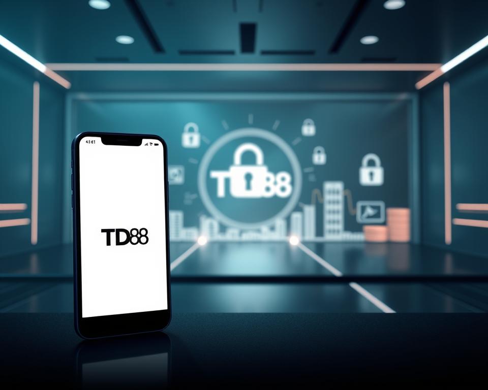 A sleek and modern digital payment gateway for the fast-paced world of online gaming. In the foreground, a smartphone screen displays the TD88 logo, showcasing a seamless and intuitive interface for depositing and withdrawing funds. The middle ground features a stylized, abstract representation of financial transactions, with elegant data visualizations and secure lock icons, conveying a sense of efficiency and trust. The background is dominated by a minimalist, high-tech environment, with clean lines, metallic accents, and a soft, diffused lighting that creates a premium, high-end atmosphere. The overall composition evokes a secure, reliable, and user-friendly experience for managing game-related finances.
