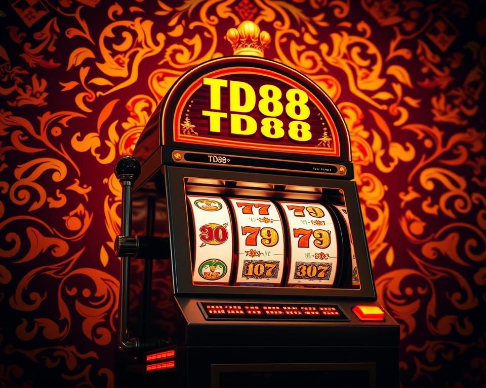 A stylish and vibrant slot machine titled "TD88" against a backdrop of rich, ornate patterns and symbols of wealth and prosperity. The machine's reels are spinning, captivating the viewer with the anticipation of a potential big win. Warm lighting casts a inviting glow, creating an atmosphere of excitement and possibility. The scene evokes the thrilling experience of playing a classic slot game, hinting at the alluring secrets and strategies that could lead to a triumphant outcome, as described in the article's section "Tổng quan về mẹo quay hũ và cơ hội chiến thắng".