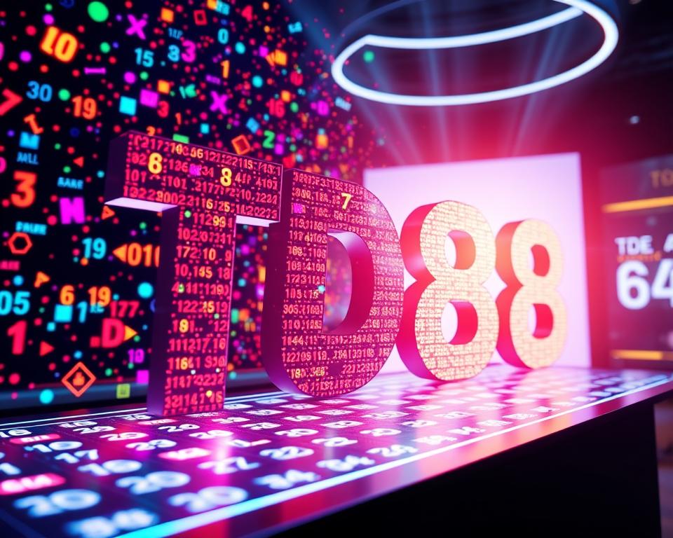 A vibrant digital lottery display showcasing the iconic "TD88" brand name. In the foreground, a dynamic array of colorful, luminous numbers and symbols dance across a sleek, high-tech interface, creating a captivating visual spectacle. The middle ground features a minimalist, futuristic design with clean lines and a sophisticated color palette, evoking a sense of technological innovation. In the background, a subtle, ethereal glow emanates, setting the scene with an air of anticipation and excitement. The overall composition conveys the thrill and allure of the Mega 6/45 lottery, inviting the viewer to engage with this innovative digital gaming experience.