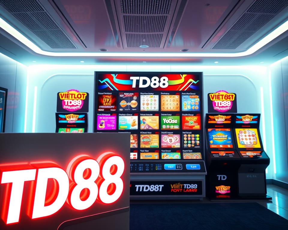 A vibrant, digital lottery display showcasing the various Vietlott lottery game options. The foreground features the prominent "TD88" branding, casting a neon glow over the array of lottery tickets and electronic screens. The middle ground depicts an assortment of Vietlott game types, each represented by unique icons and visual elements. The background is a sleek, minimalist environment with a futuristic, tech-inspired aesthetic, complementing the digital nature of the computerized lottery system. Soft, directional lighting accentuates the dynamic, high-tech atmosphere, creating a sense of excitement and anticipation around the Vietlott gaming experience.