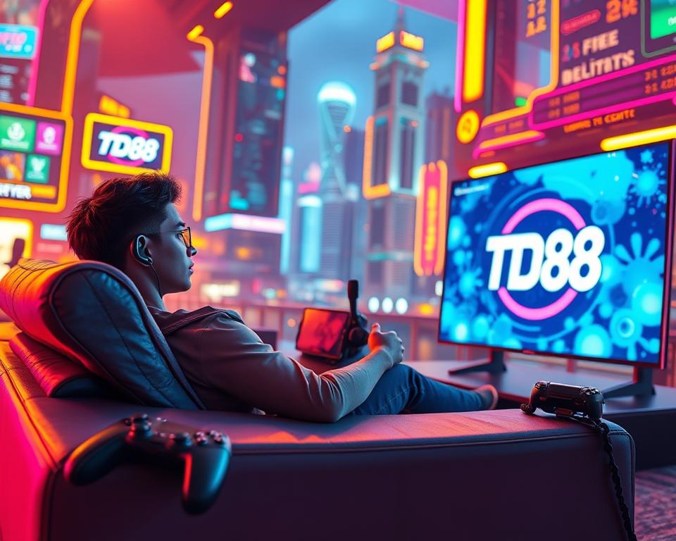 A visually captivating scene of a player immersed in a free-to-play gaming experience. Set in a vibrant, futuristic environment, the foreground features a young person sitting comfortably on a sleek, modern couch, their eyes fixed on a large, high-resolution display showcasing the TD88 logo. The middle ground showcases various gaming peripherals, including a state-of-the-art controller and a high-end gaming headset, all integrated seamlessly into the scene. The background depicts a lively, neon-tinged cityscape, with skyscrapers and holographic displays adding to the sense of technological advancement. The lighting is warm and inviting, creating a sense of comfort and enjoyment, reflecting the "no-cost" nature of the gaming experience.