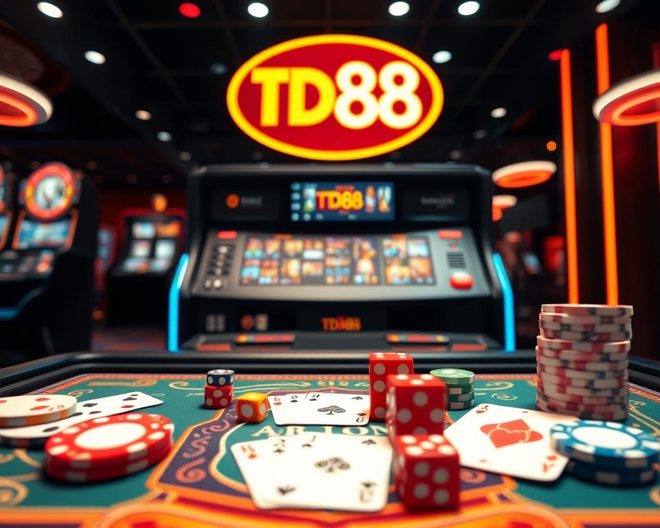 A visually stunning game board with a vibrant design showcasing the iconic "TD88" brand. The foreground features an array of stylized playing cards, dice, and chips, expertly crafted to create a sense of anticipation and excitement. The middle ground depicts a sleek, modern interface with intuitive controls and navigation, inviting the user to explore the comprehensive gaming experience. In the background, a soft, warm lighting illuminates the scene, creating a welcoming and immersive atmosphere. The overall composition captures the essence of a thrilling, rewarding game system that offers seamless transactions and a diverse selection of engaging titles.